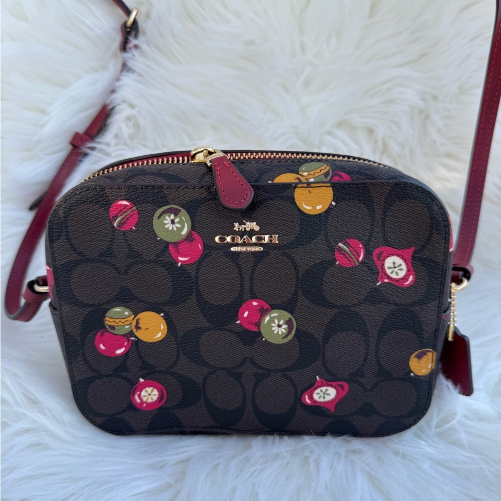 Coach Dark Brown Crossbody Bag with Colorful Fruit Accents